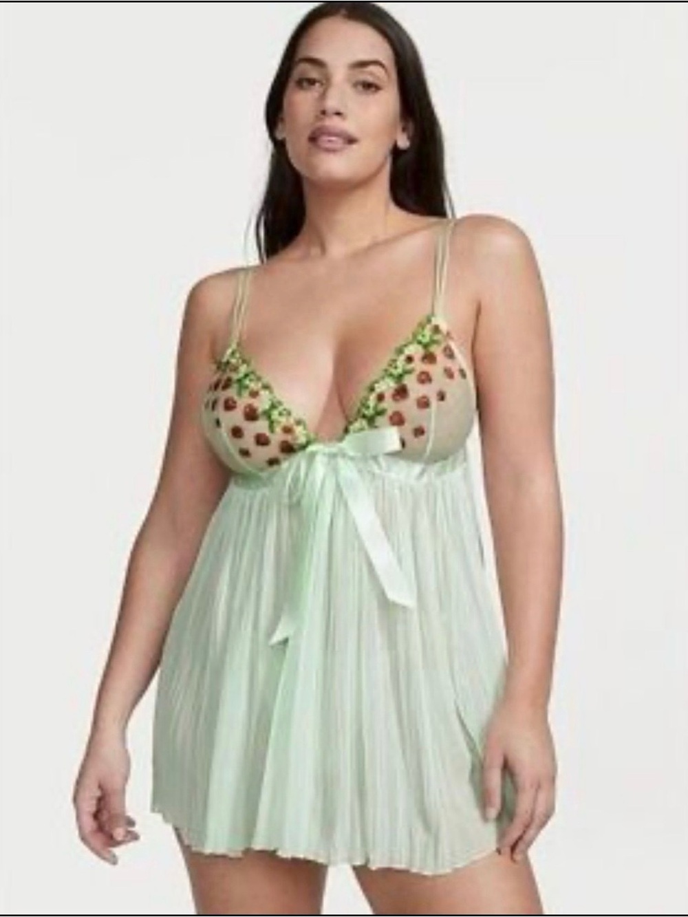 NWT Victoria’s Secret Women's Strawberry Babydoll Nightgown Mint Embroidered